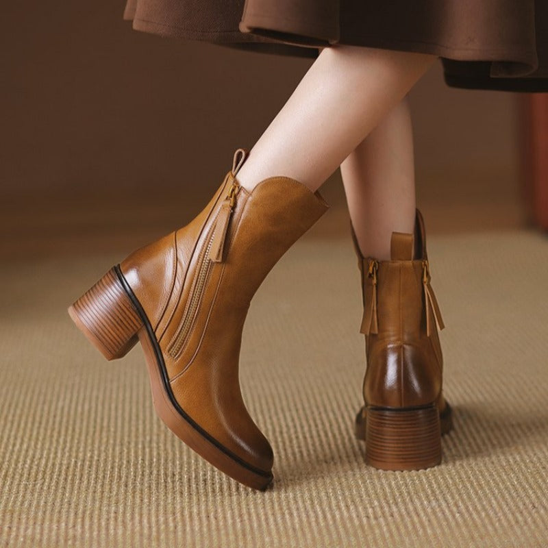 Women's ankle boots with side zips, almond toes and mid block heels