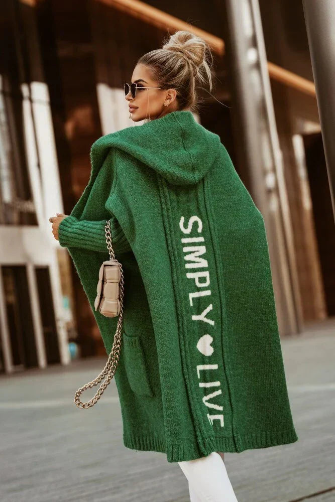 Women's longline hooded knitted cardigan with graphic text on the back