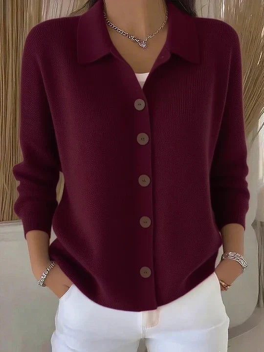 Women's collared button-front ribbed cardigan with long sleeves