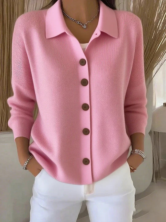 Women's collared button-front ribbed cardigan with long sleeves