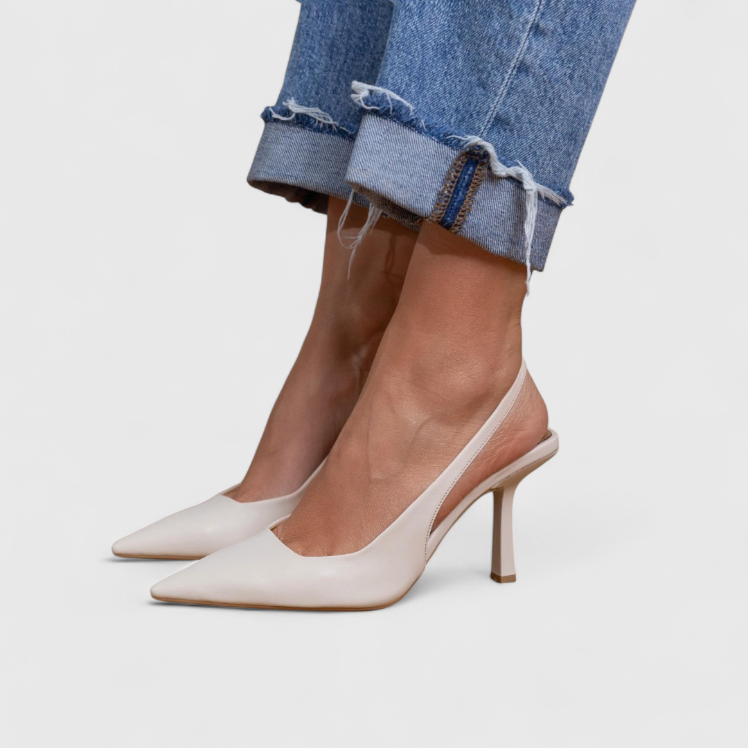 Women's pointed slingback pumps with slim straps and high heels