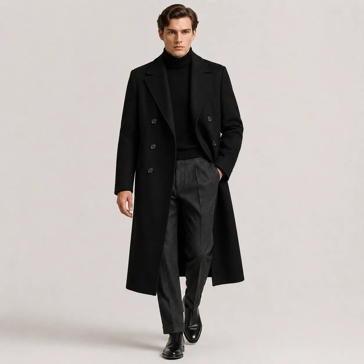 Men's long double-breasted trench coat with notched lapels