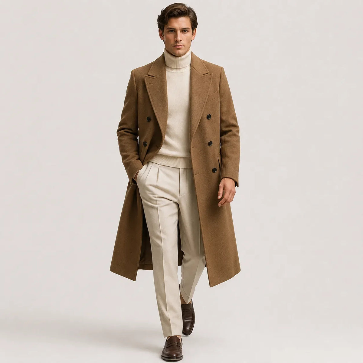 Men's long double-breasted trench coat with notched lapels