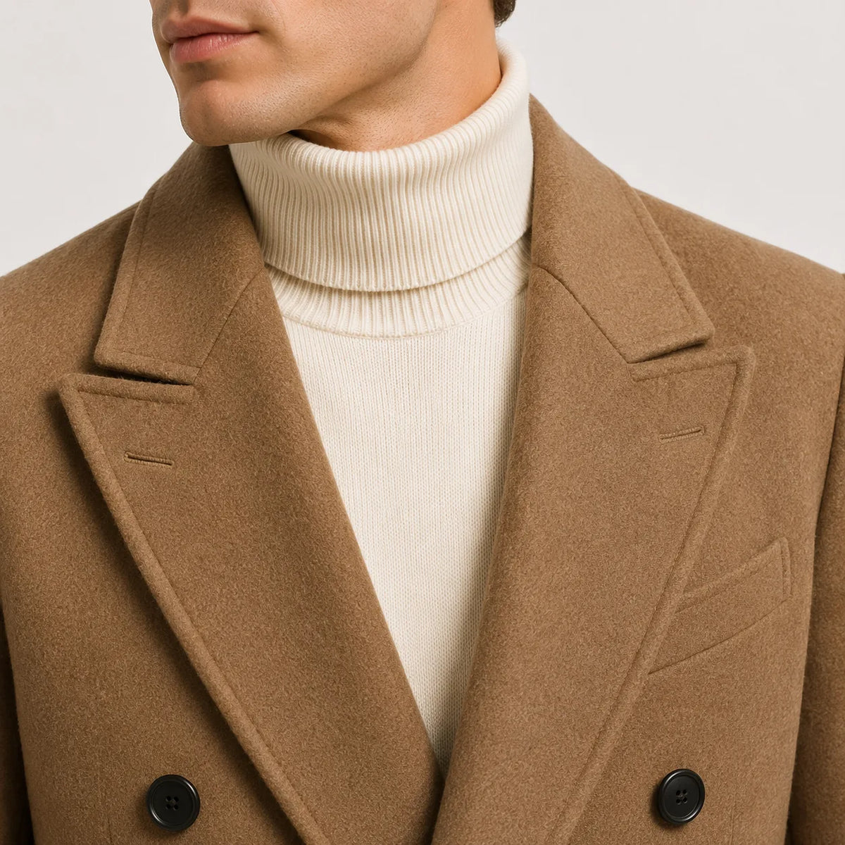 Men's long double-breasted trench coat with notched lapels