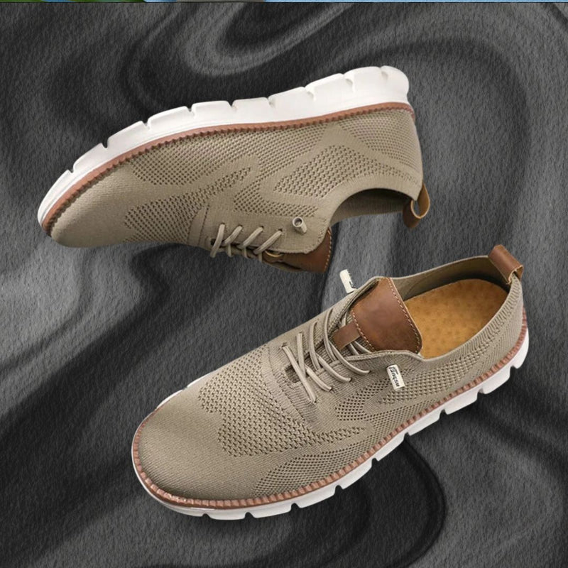 Men's Walking Shoe Knit Lace-Up Leather Trim - Brown