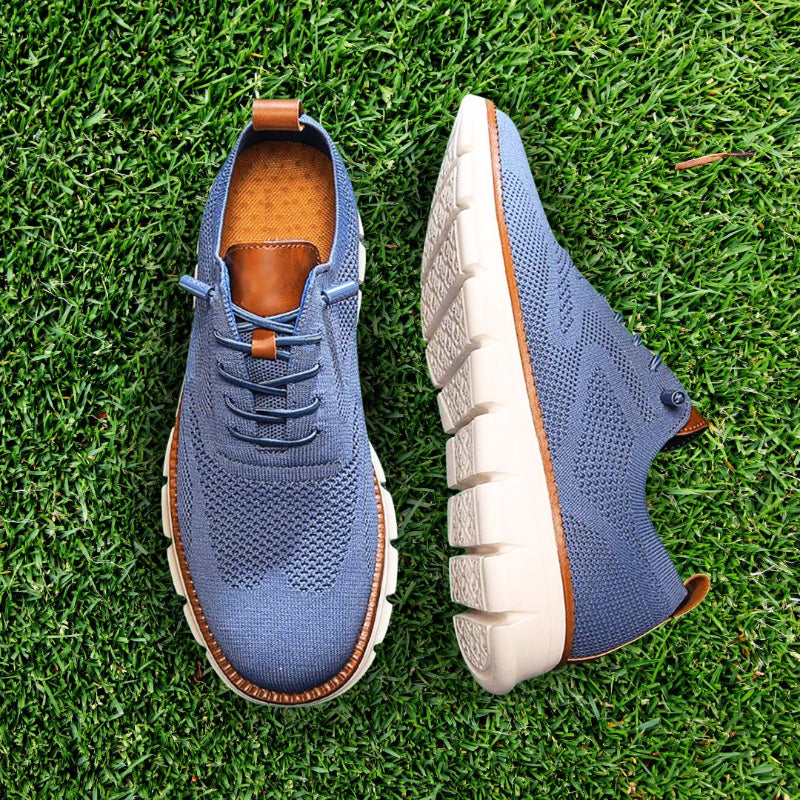 Men's Walking Shoe Knit Lace-Up Leather Trim - Blue