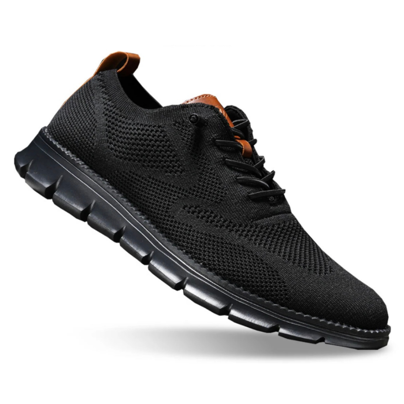 Men's Walking Shoe Knit Lace-Up Leather Trim - Double Black