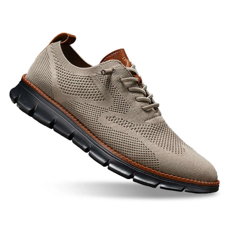 Men's Walking Shoe Knit Lace-Up Leather Trim - Brown Black