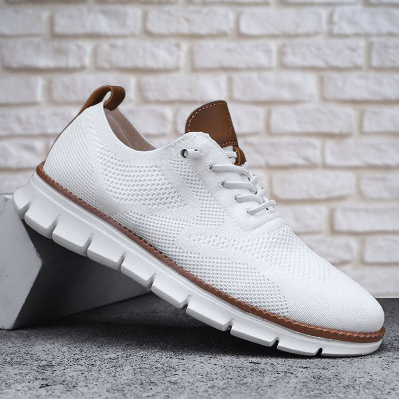 Men's Walking Shoe Knit Lace-Up Leather Trim - White