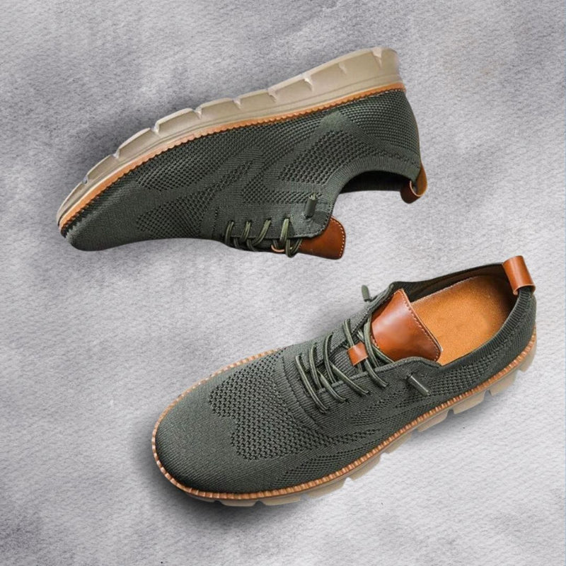 Men's Walking Shoe Knit Lace-Up Leather Trim - Green