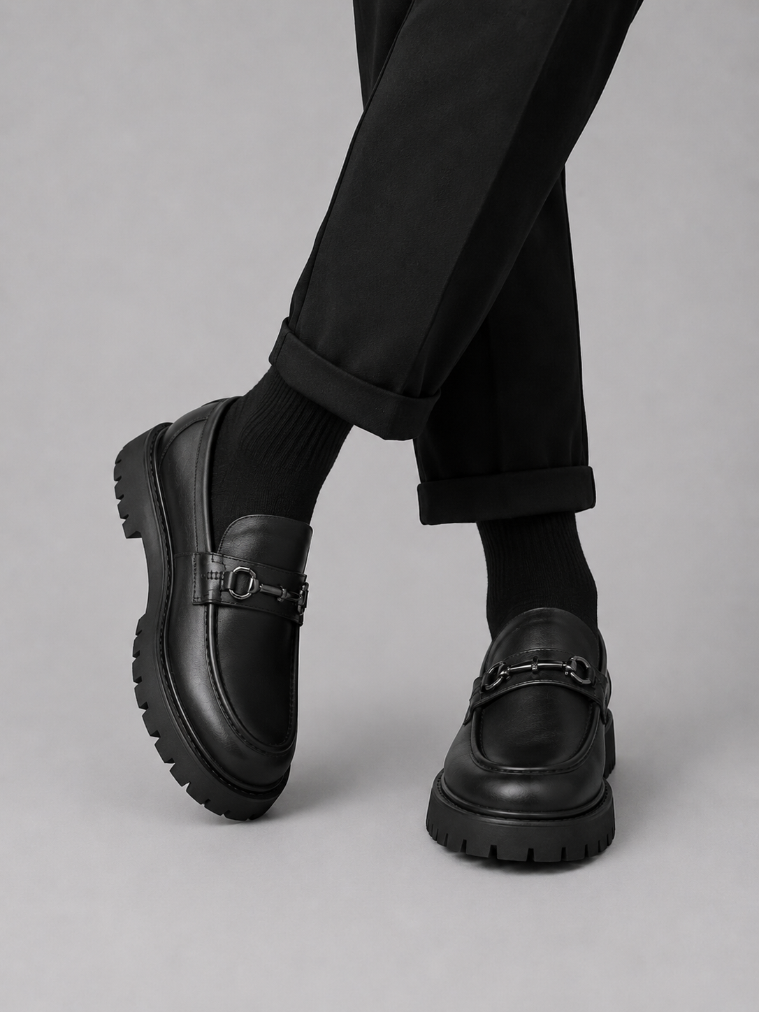 Men's Loafers Patent Leather Chunky Lug Sole - Matt Black