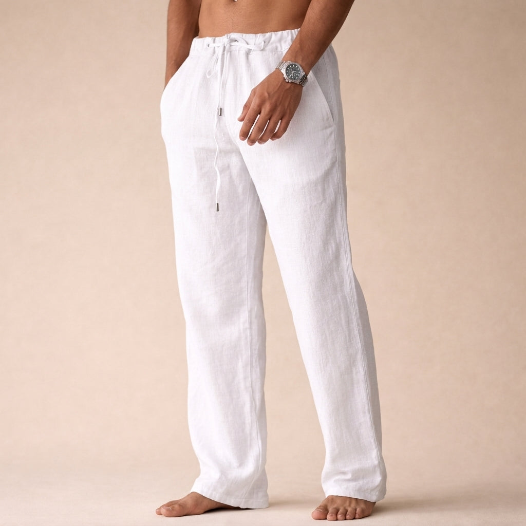 Men's straight leg drawstring trousers with side pockets and gathered waistband