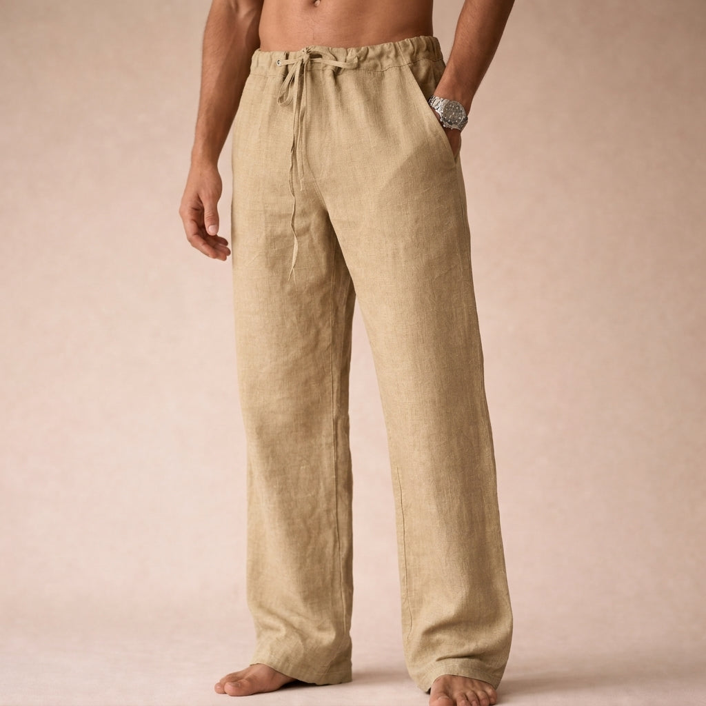 Men's straight leg drawstring trousers with side pockets and gathered waistband