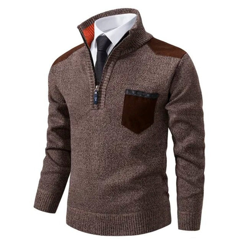 Men's knitted jumper with half-zip mock neck, chest pocket and shoulder panels