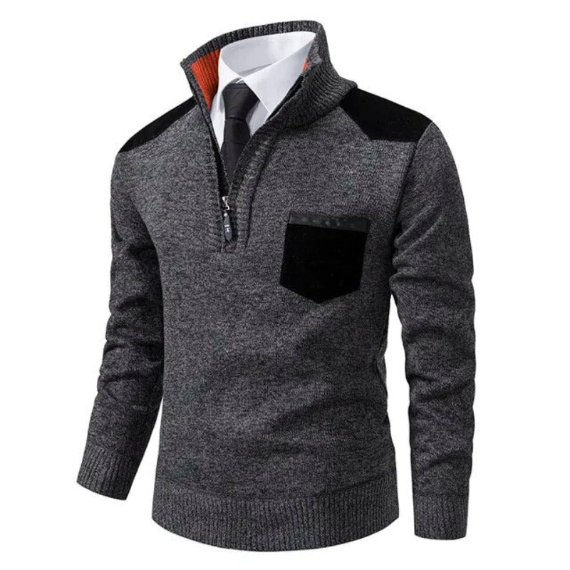 Men's knitted jumper with half-zip mock neck, chest pocket and shoulder panels