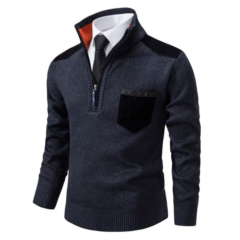 Men's knitted jumper with half-zip mock neck, chest pocket and shoulder panels