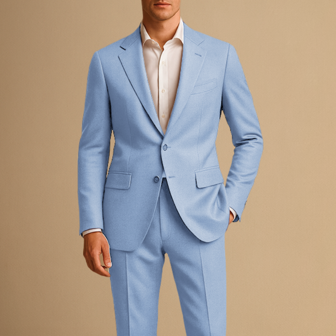 Men's slim fit two-piece suit with notched lapels and matching trousers