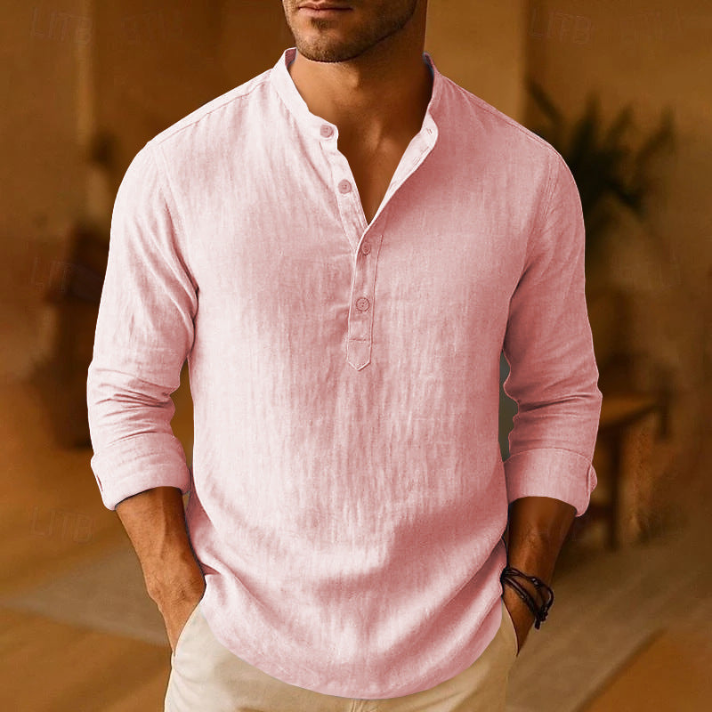 Men's plain Mandarin collar long-sleeve shirt with button placket