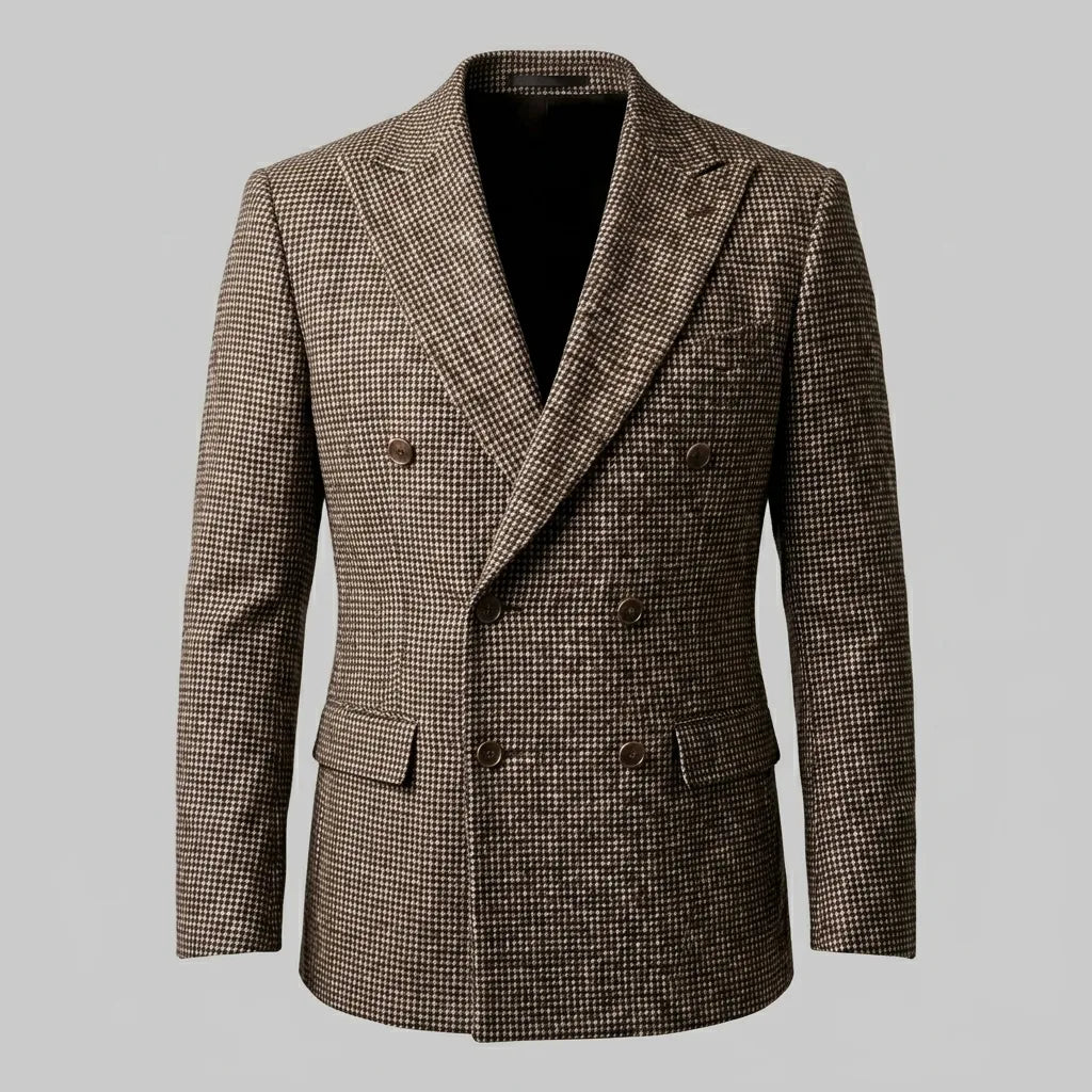 Men's checked double-breasted blazer with notched lapels and long sleeves