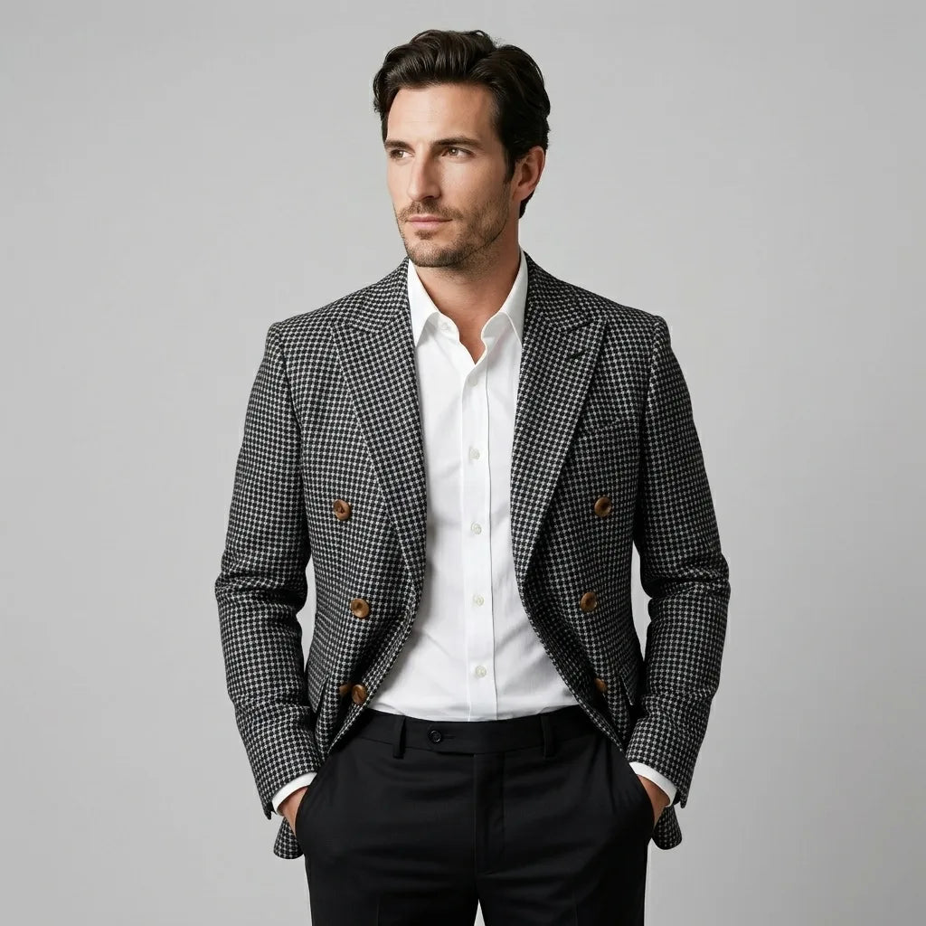 Men's checked double-breasted blazer with notched lapels and long sleeves