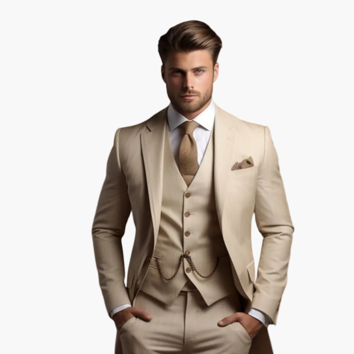Men's three-piece slim fit suit with notch lapels, buttoned waistcoat and matching trousers