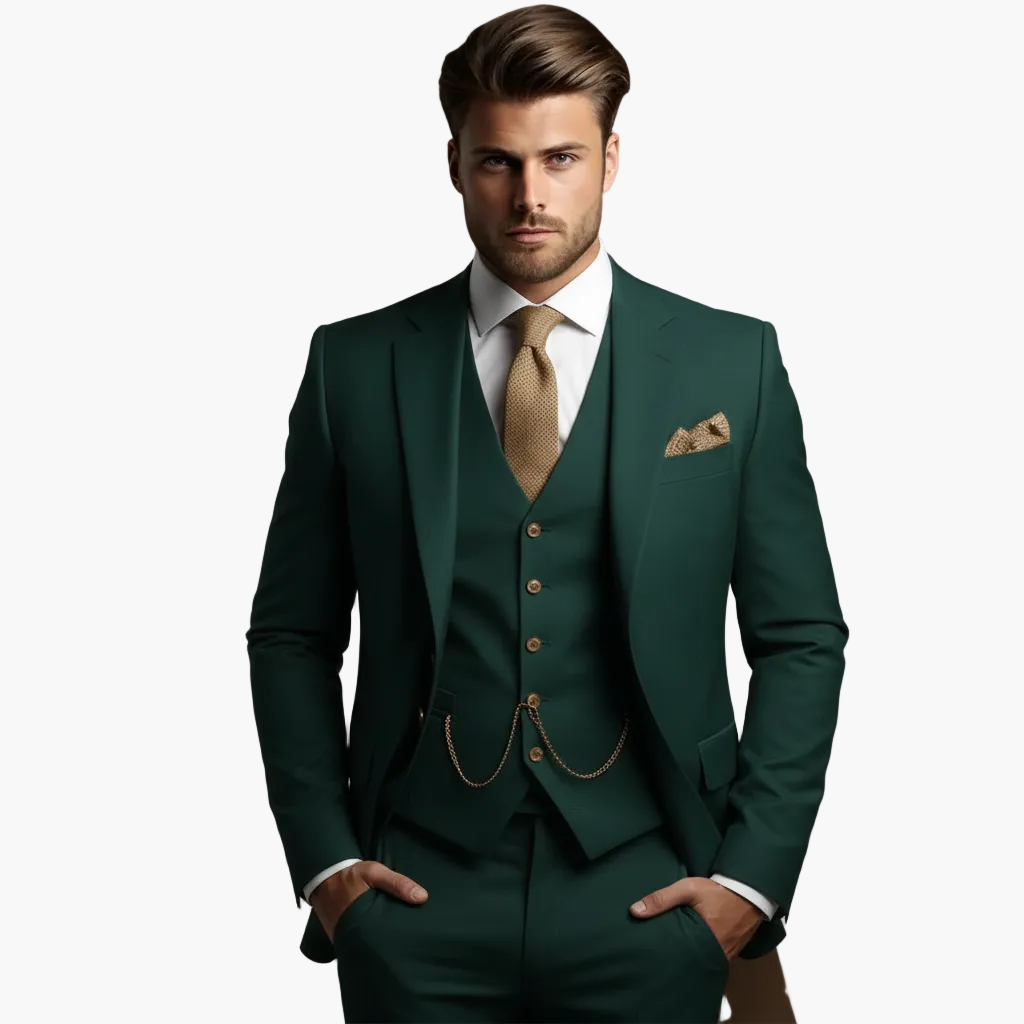 Men's three-piece slim fit suit with notch lapels, buttoned waistcoat and matching trousers