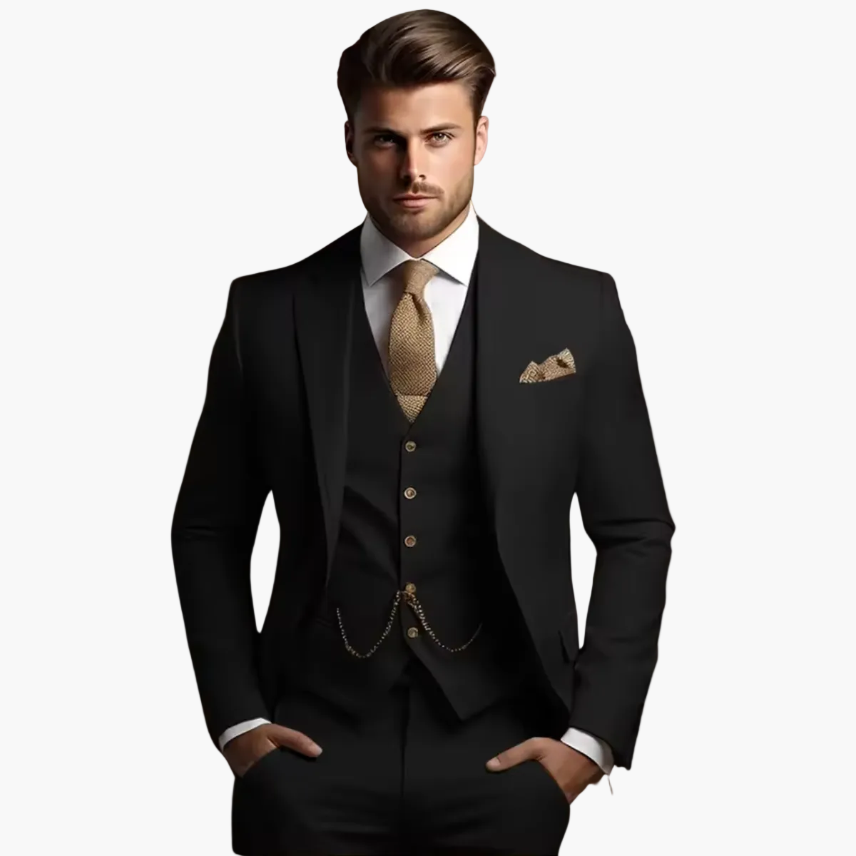 Men's three-piece slim fit suit with notch lapels, buttoned waistcoat and matching trousers