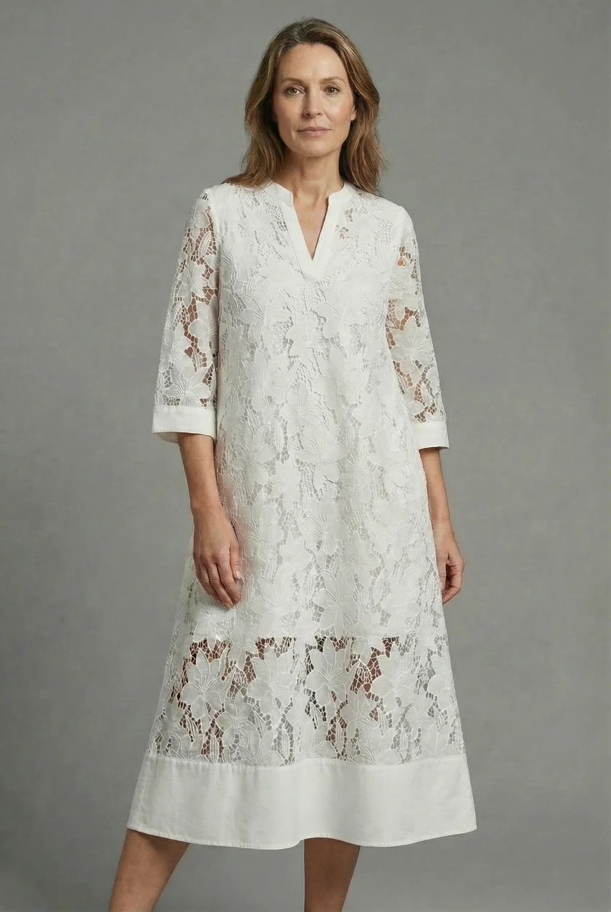 Women’s Embroidered Lace Notched Midi Dress
