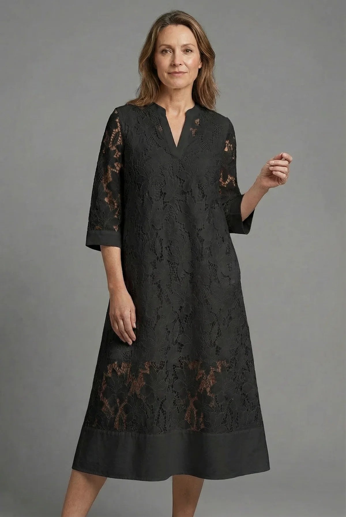 Women’s Embroidered Lace Notched Midi Dress