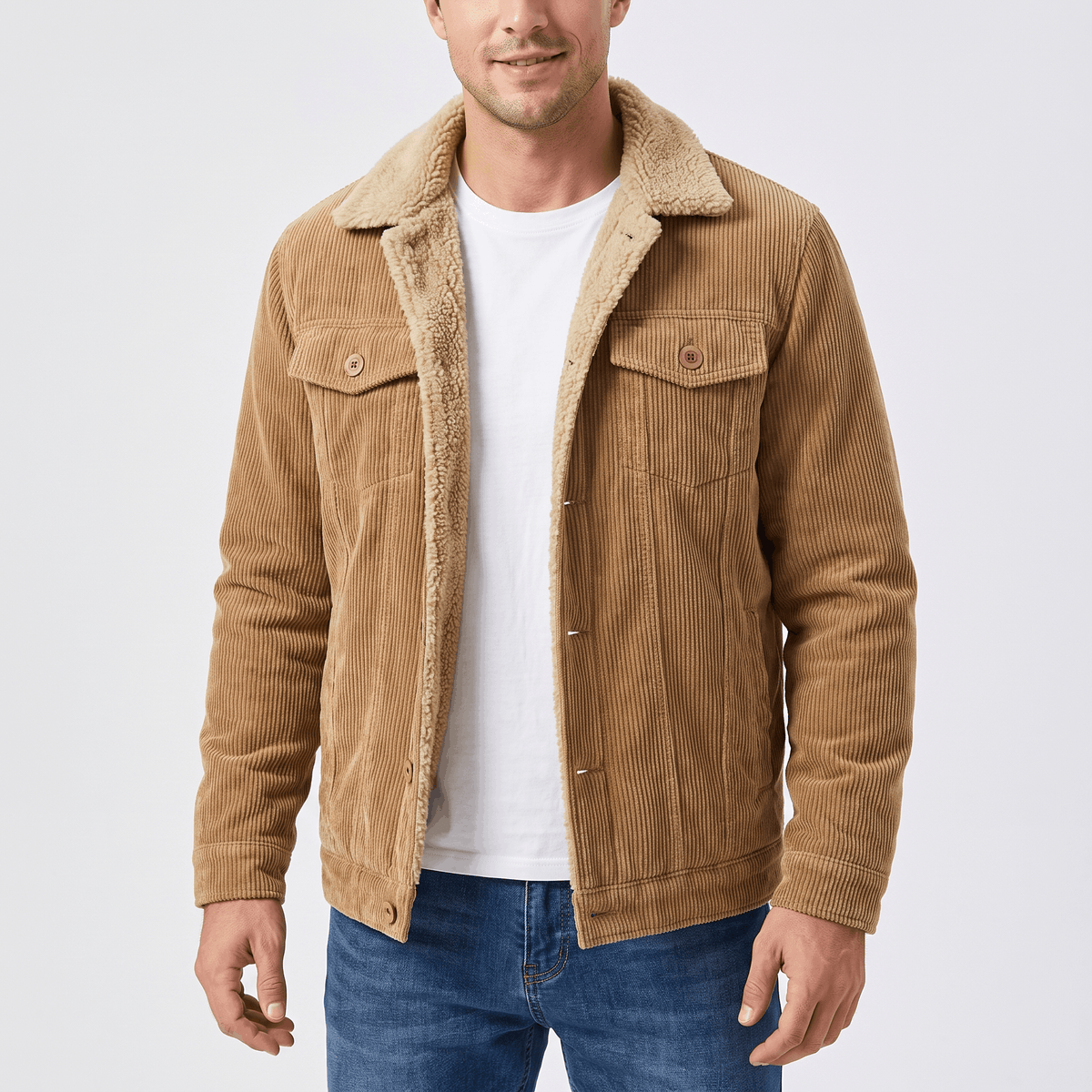 Men's corduroy jacket with sherpa-lined collar, long sleeves and buttoned pockets