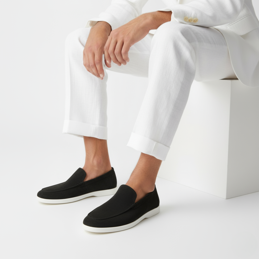Men's slip-on loafers with rounded toes, textured uppers and flat white soles