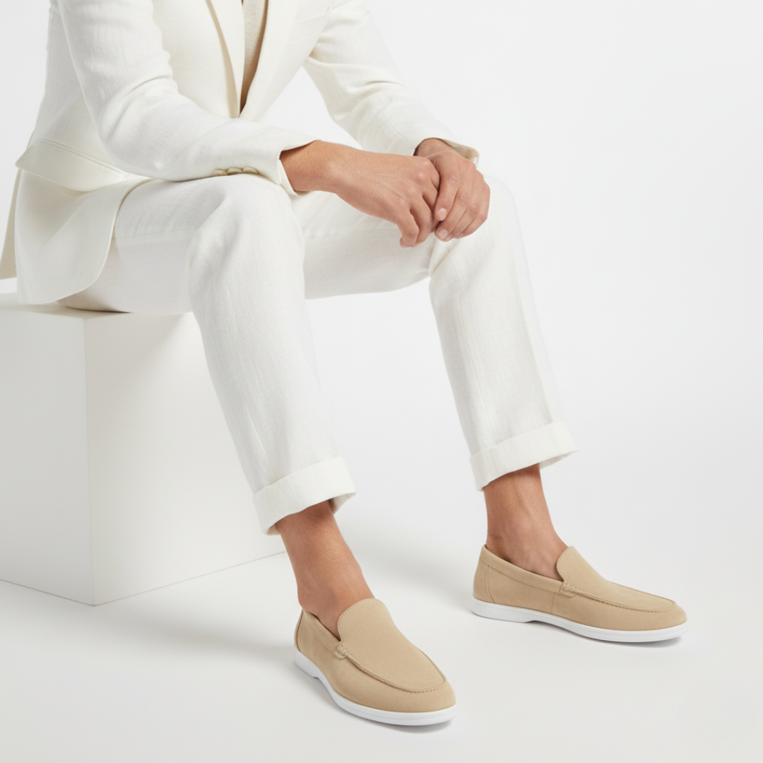 Men's slip-on loafers with rounded toes, textured uppers and flat white soles