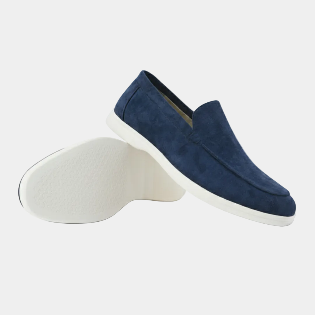 Men's slip-on loafers with rounded toes, textured uppers and flat white soles