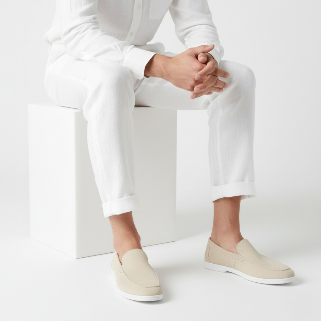 Men's slip-on loafers with rounded toes, textured uppers and flat white soles