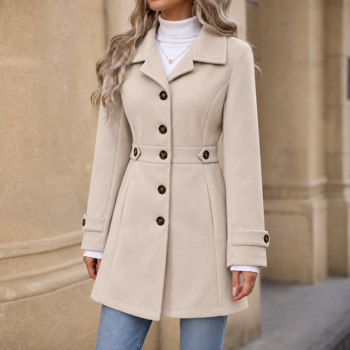 Women's tailored belted trench coat with lapels, buttons and long sleeves