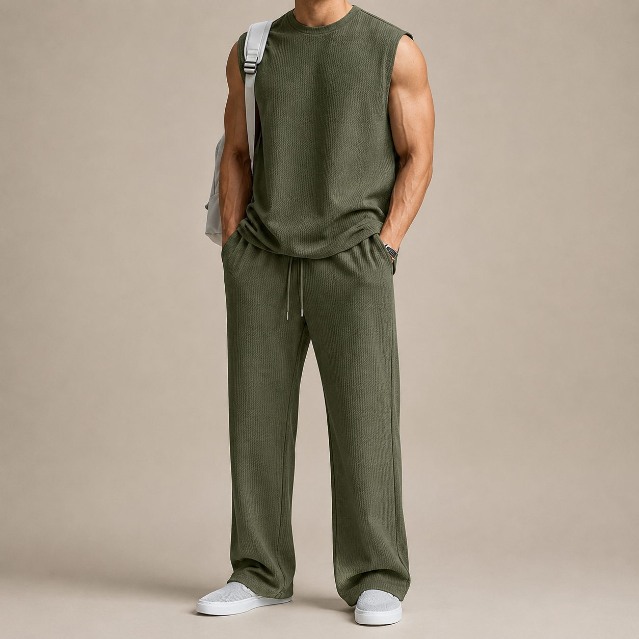 Men's ribbed sleeveless top and full-length trousers set with drawstring waist