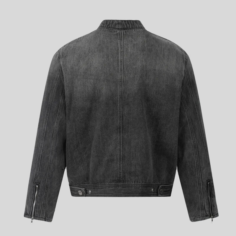 Men's grey washed moto denim jacket with stand collar and zip front