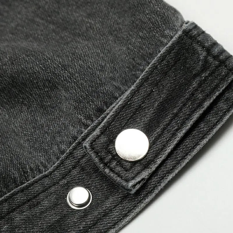 Men's grey washed moto denim jacket with stand collar and zip front