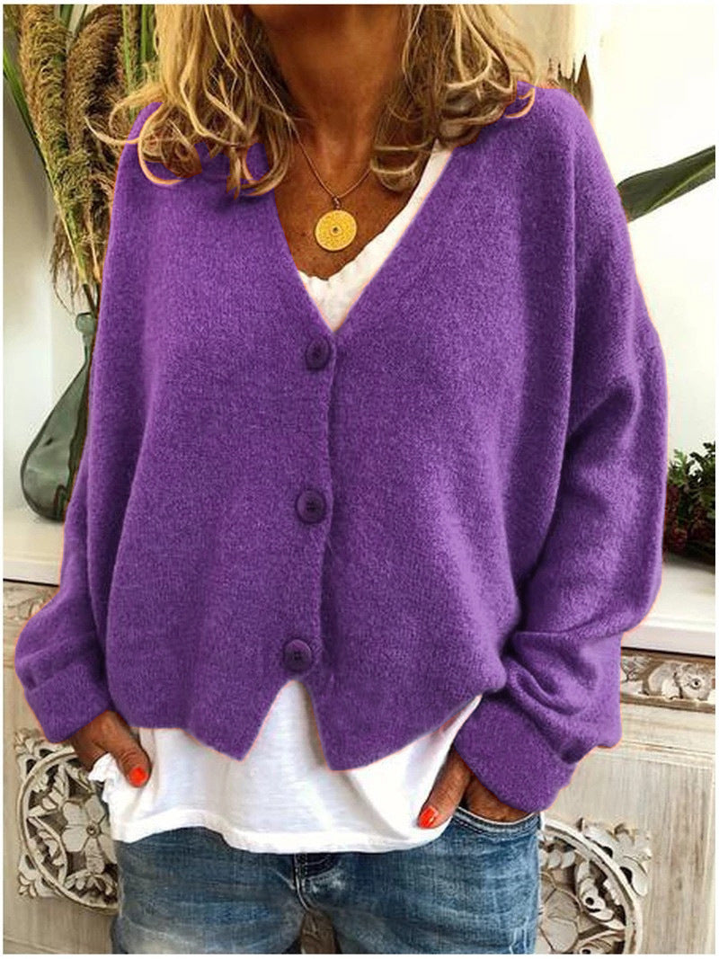 Women's V-neck button cardigan with long sleeves and ribbed trims