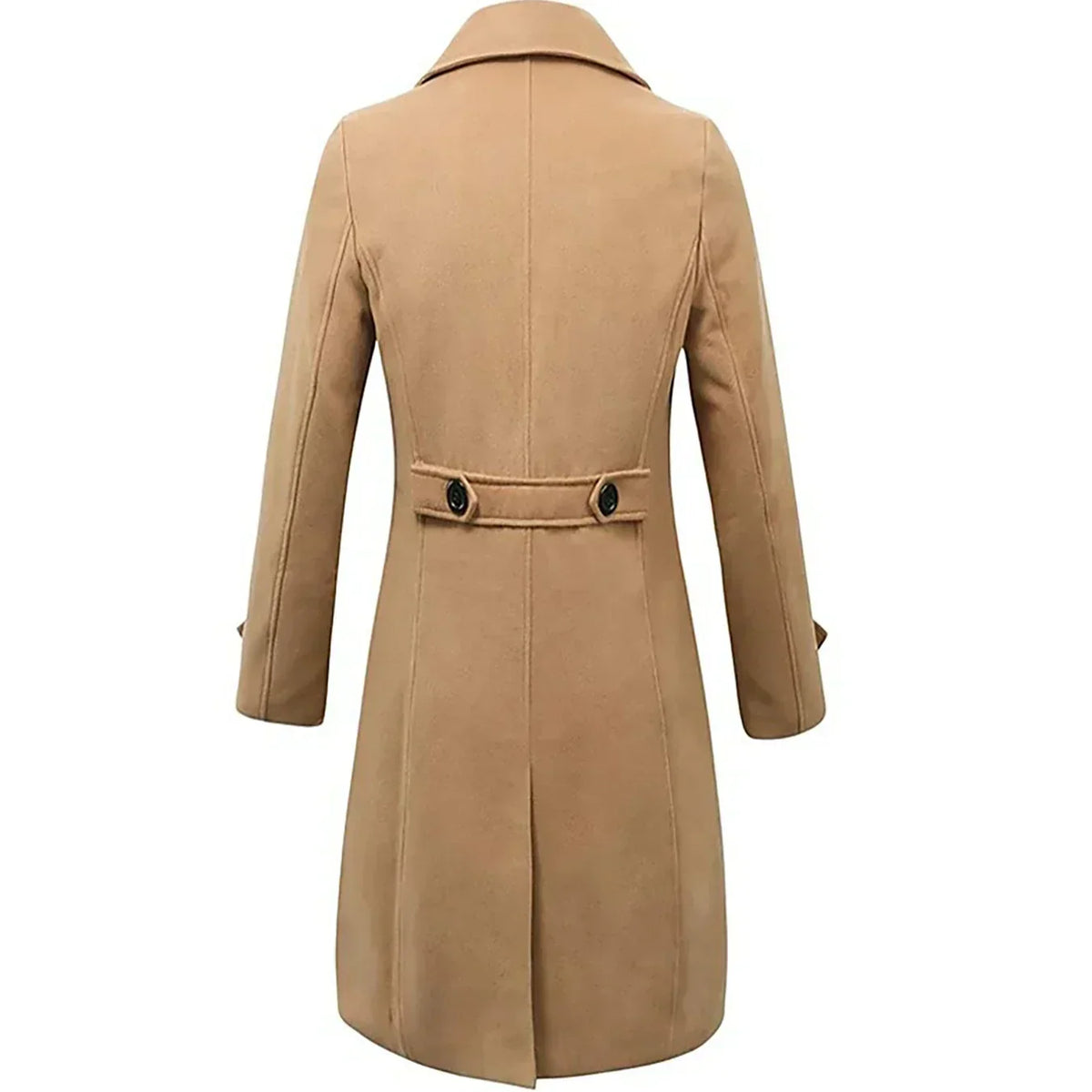 Men's long double-breasted overcoat with notched lapels and buttoned cuffs