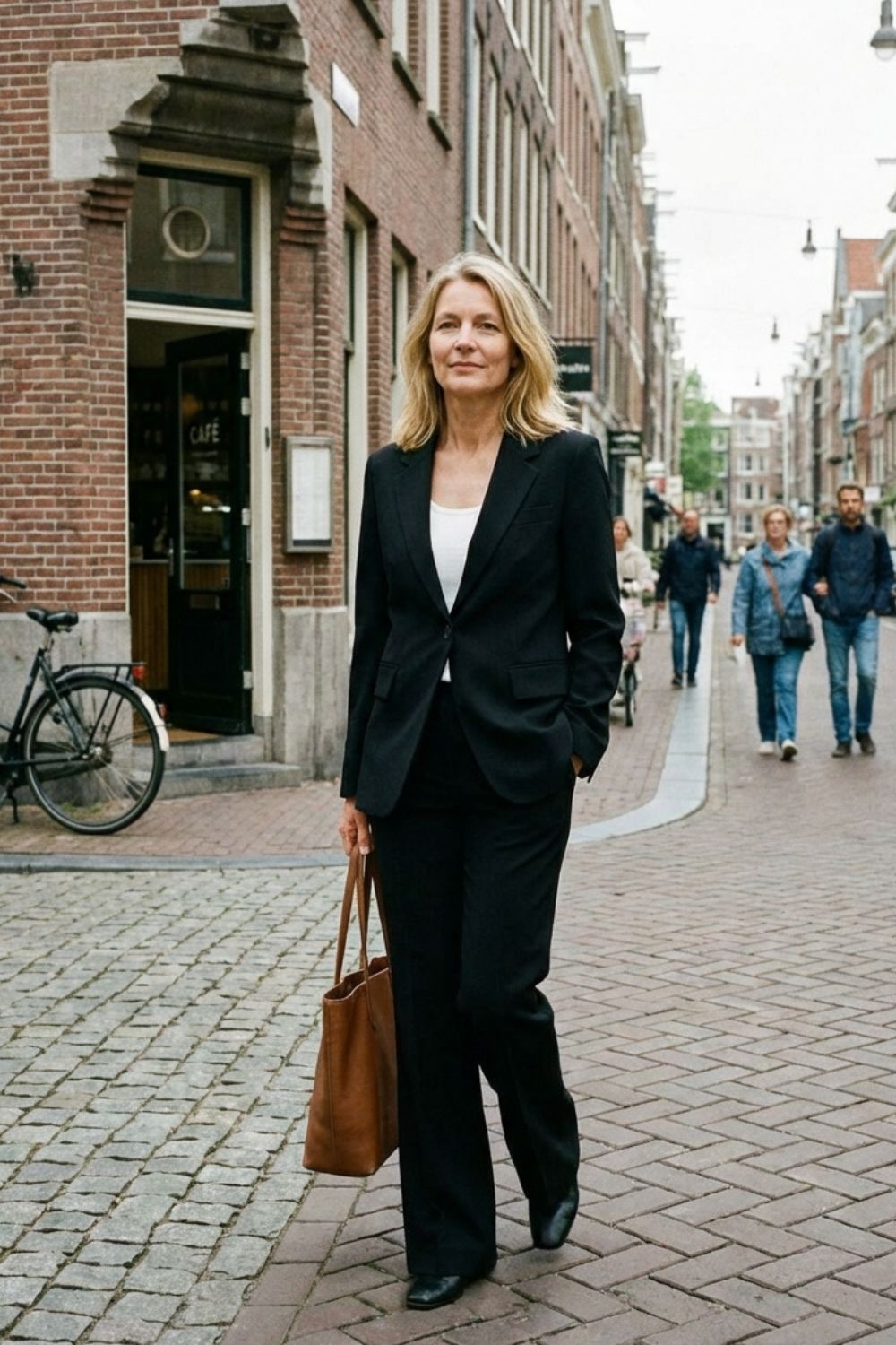 Women's two-piece suit set with notched-lapel blazer and flared trousers