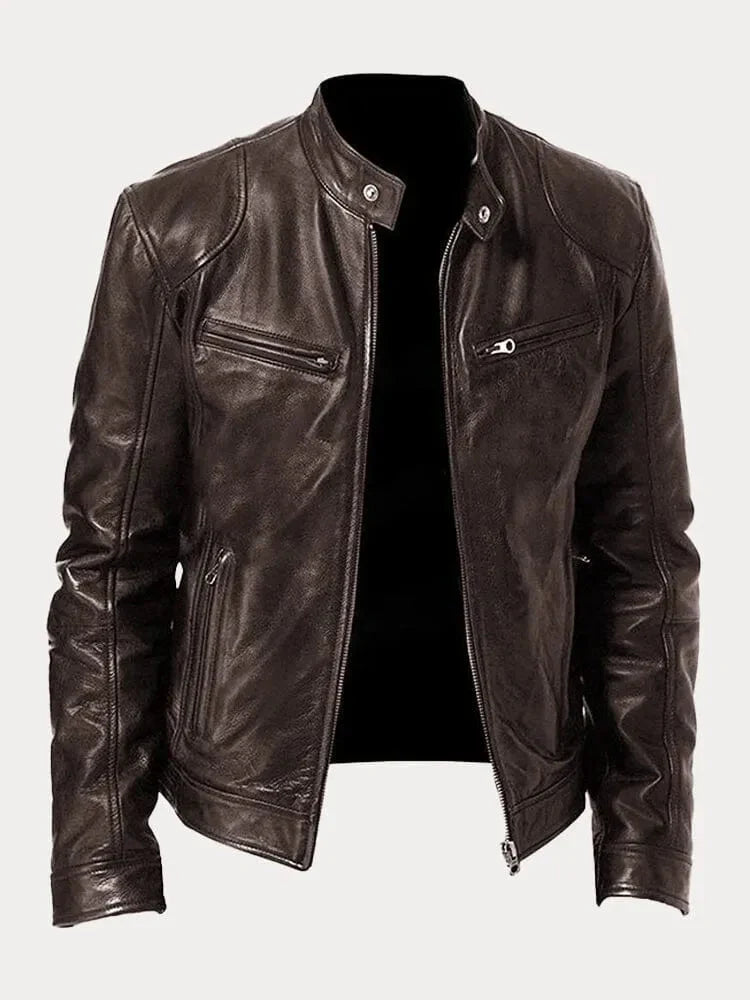 Women's fitted motorcycle jacket with stand collar, long sleeves, zip front and zipped pockets