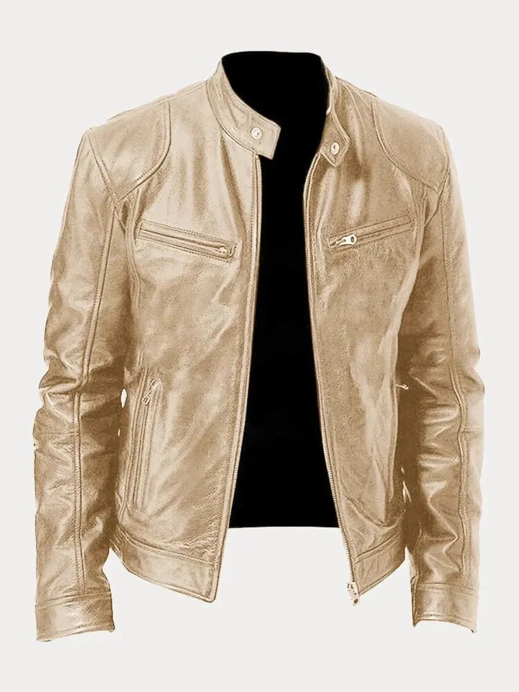 Women's fitted motorcycle jacket with stand collar, long sleeves, zip front and zipped pockets
