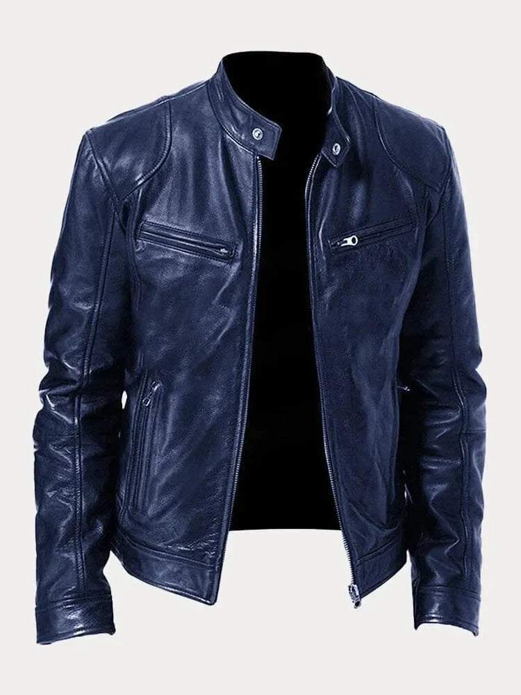 Women's fitted motorcycle jacket with stand collar, long sleeves, zip front and zipped pockets