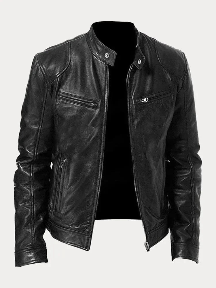 Women's fitted motorcycle jacket with stand collar, long sleeves, zip front and zipped pockets