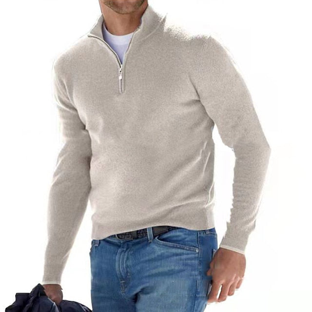 Men's long-sleeve half-zip jumper with mock neck and ribbed trims