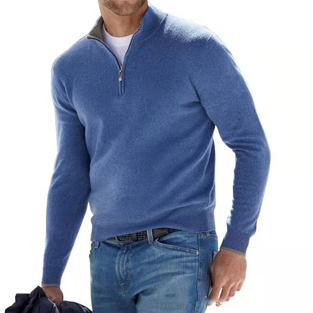 Men's long-sleeve half-zip jumper with mock neck and ribbed trims