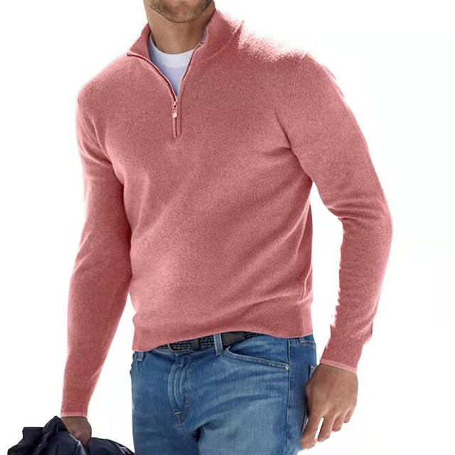 Men's long-sleeve half-zip jumper with mock neck and ribbed trims