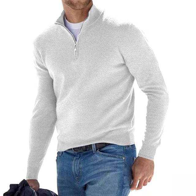 Men's long-sleeve half-zip jumper with mock neck and ribbed trims