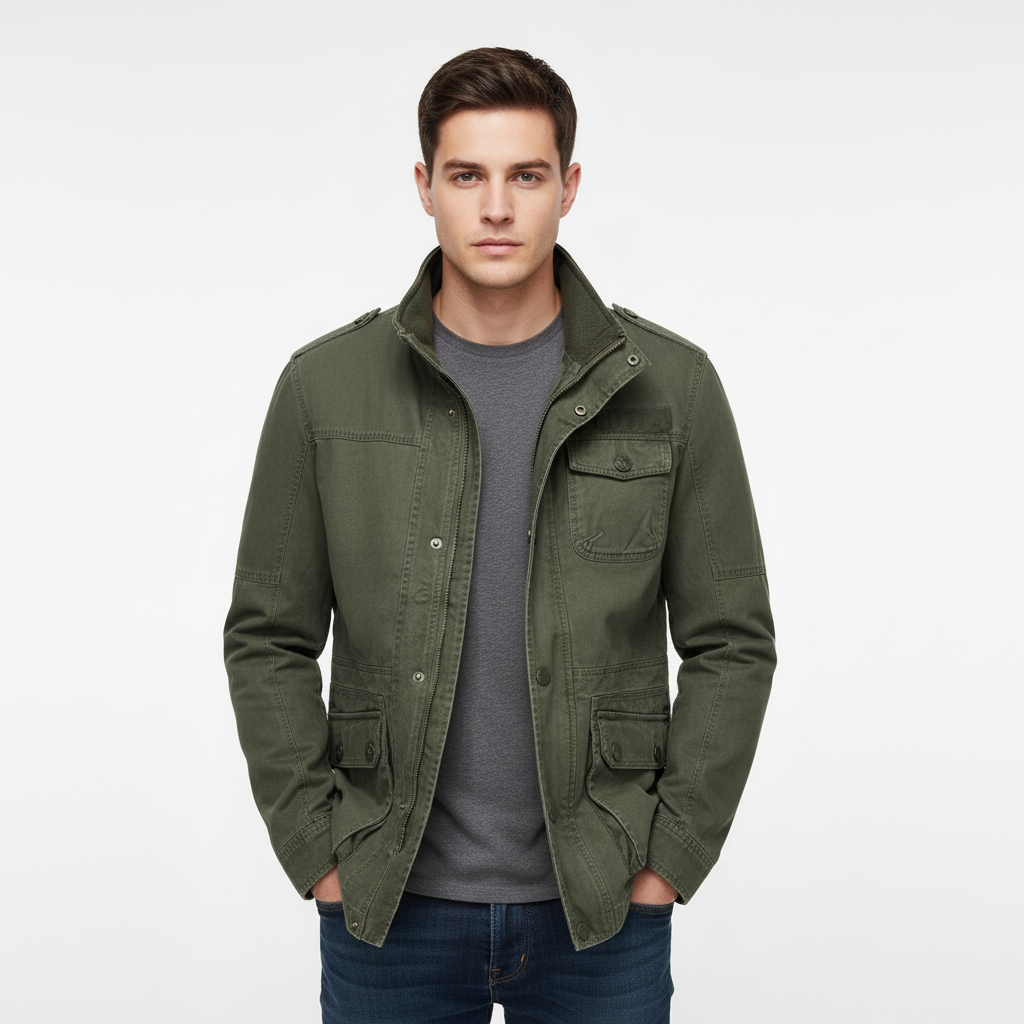 Men's high-neck utility jacket with long sleeves, zip front and multiple flap pockets